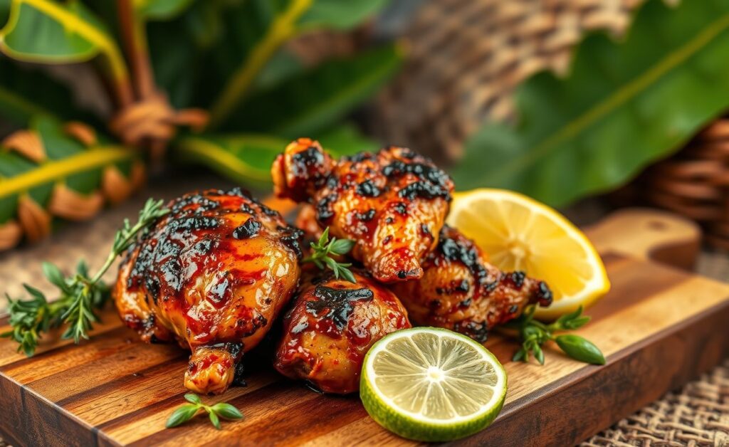 Frango Jamaicano (Jerk Chicken) grelhado com crosta caramelizada, servido com limão e ervas em tábua de madeira