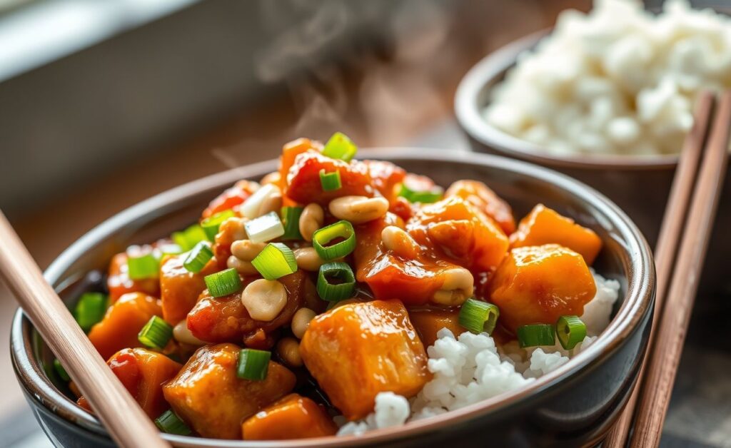 Frango Kung Pao servido em tigela com pedaços suculentos de frango, amendoins torrados e cebolinha picada sobre arroz branco