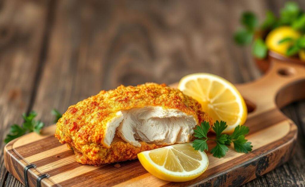 Frango à Milanesa dourado e crocante servido com limão em tábua de madeira rústica, mostrando textura perfeita da empanagem