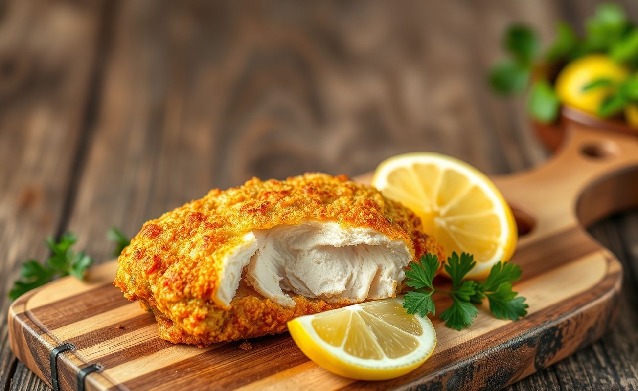 Frango à Milanesa dourado e crocante servido com limão em tábua de madeira rústica, mostrando textura perfeita da empanagem