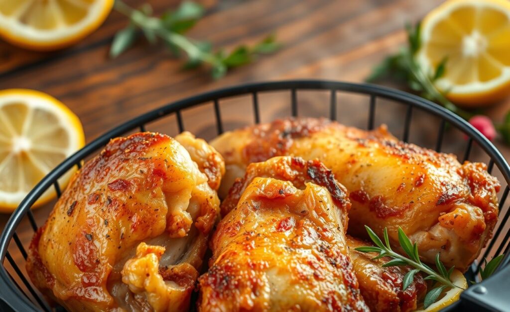 Frango na airfryer dourado e crocante com pedaços de limão ao lado, mostrando suculência da carne