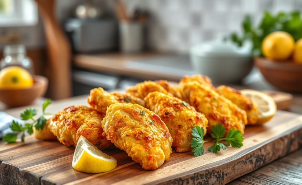 Frango à Passarinho frito crocante e dourado em uma tábua de madeira com fatias de limão ao lado
