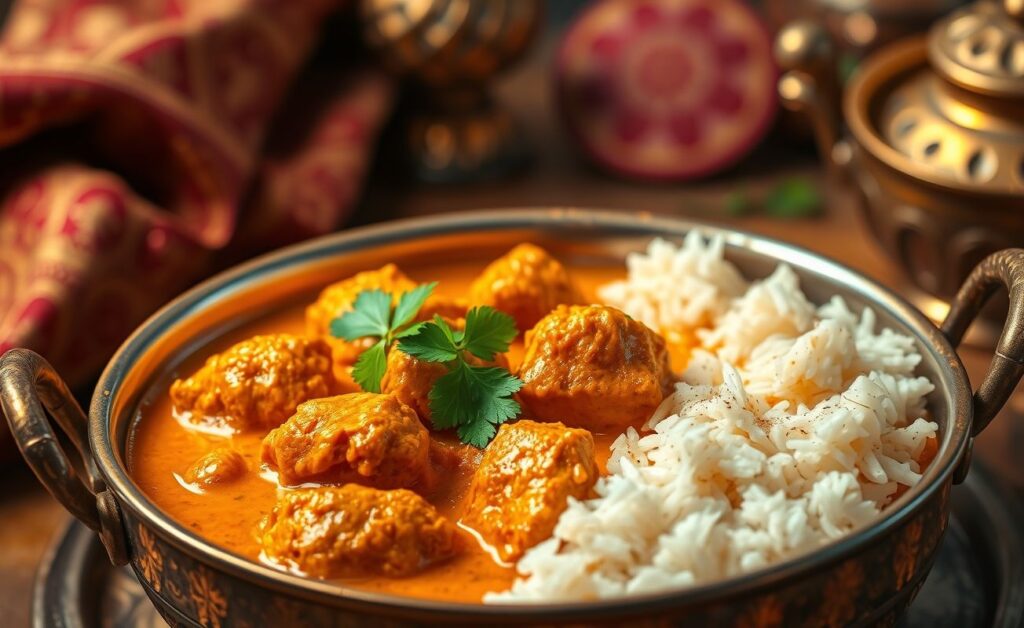 Frango Tikka Masala servido em tigela com molho cremoso laranja, pedaços de frango suculentos e arroz basmati, decorado com coentro fresco.