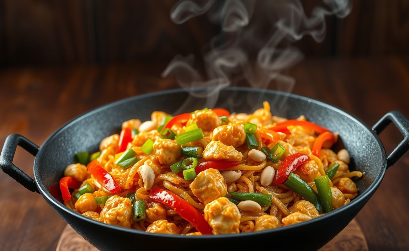 Frango xadrez tradicional servido em wok com pedaços dourados de frango, pimentões coloridos, castanhas de caju e molho brilhante, decorado com cebolinha verde