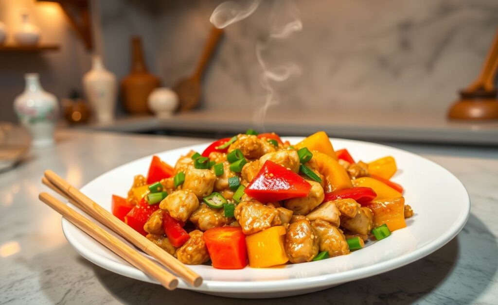 Frango Xadrez com pedaços suculentos de frango, pimentões vermelhos e amarelos em molho brilhante, decorado com cebolinha verde