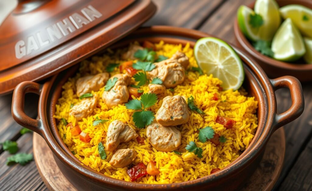 Foto da Galinhada pronta: arroz amarelo com pedaços de frango suculentos e vegetais coloridos, decorado com coentro fresco.