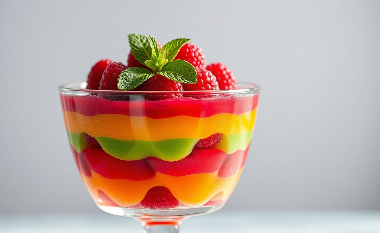 Gelatina colorida em camadas vermelha, laranja, verde e roxa servida em taça transparente com decoração de frutas vermelhas