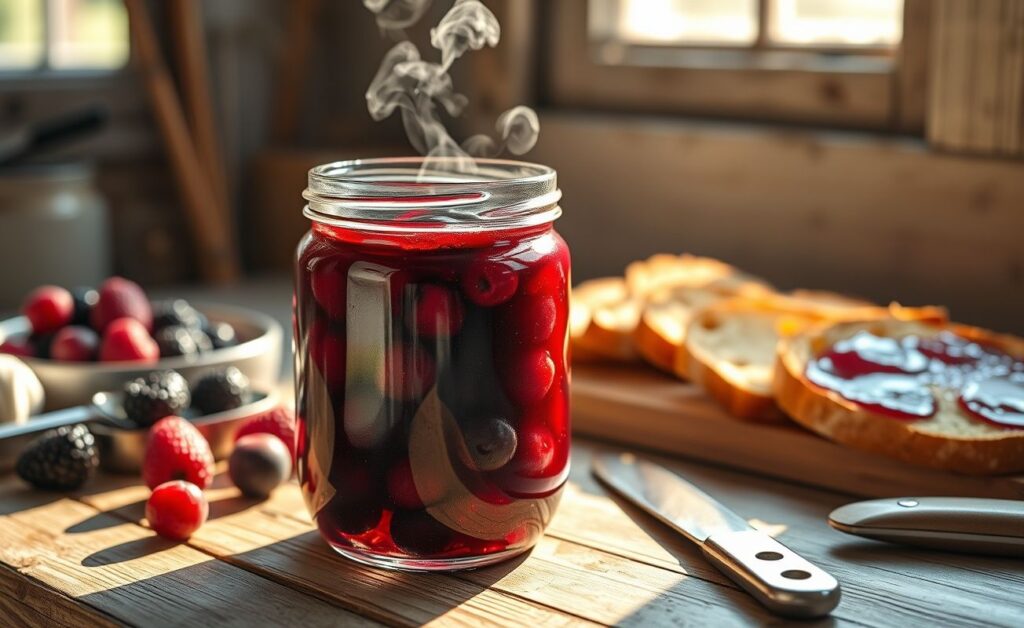 Pote de vidro com Geleia Caseira com Frutas Vermelhas espessa e brilhante, pedaços de morangos e framboesas visíveis, sobre tábua de madeira rústica