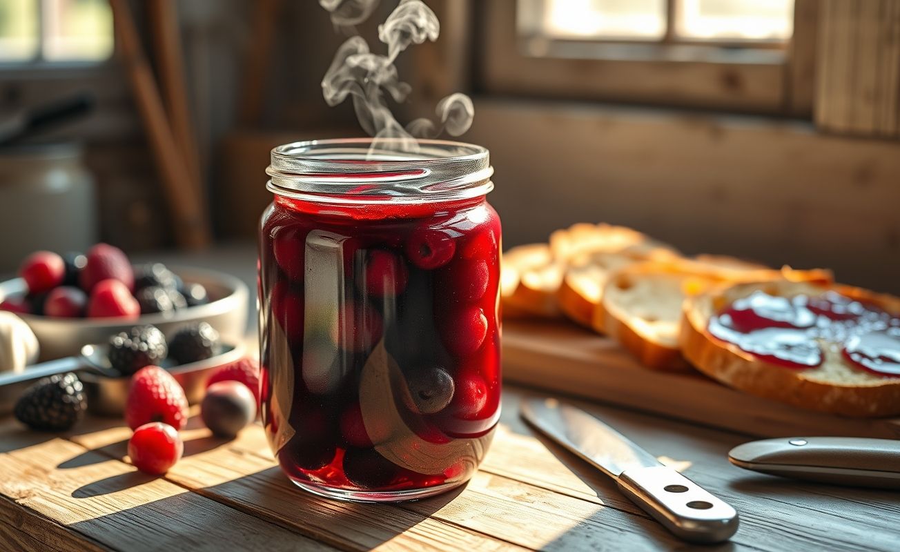 Pote de vidro com Geleia Caseira com Frutas Vermelhas espessa e brilhante, pedaços de morangos e framboesas visíveis, sobre tábua de madeira rústica