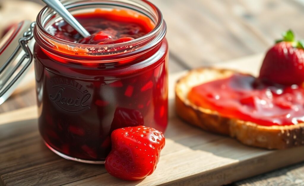 Pote de geleia caseira de morango vermelho vibrante com pedaços de fruta visíveis, ao lado de torrada com geleia espalhada