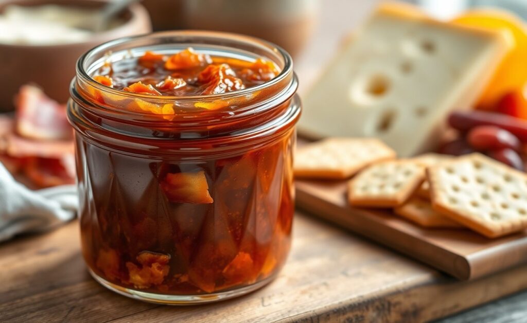 Geleia de bacon dourada e brilhante em pote de vidro, com pedacinhos crocantes de bacon visíveis, acompanhada de queijos e torradas.
