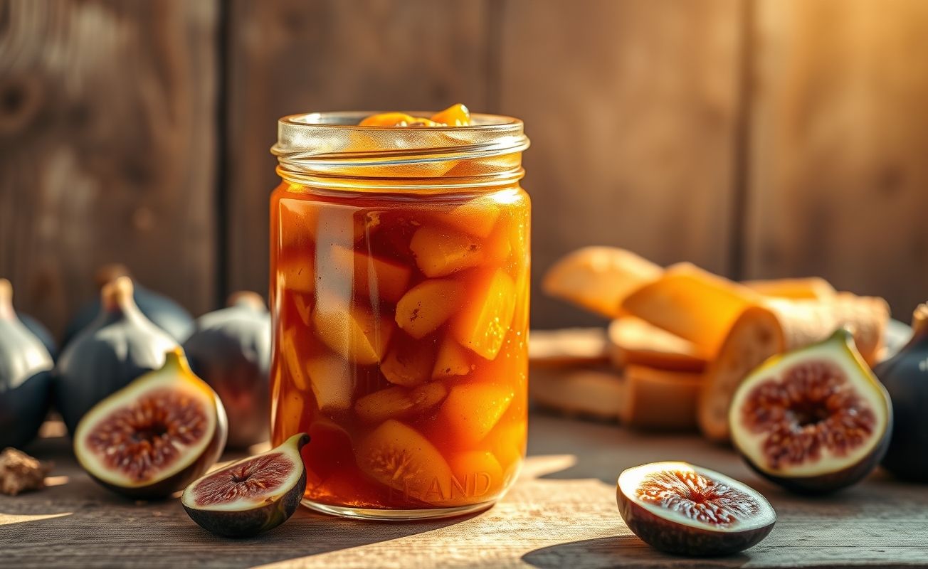 Geleia de figo caseira em pote de vidro com pedaços de fruta visíveis, acompanhada de pão fresco e figos inteiros