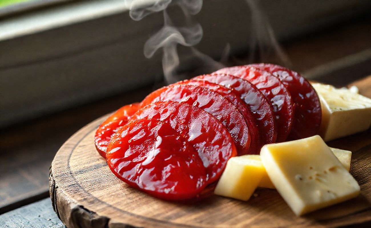 Goiabada Caseira em fatias grossas sobre tábua de madeira, cor rubra intensa e textura brilhante, acompanhada de queijo branco