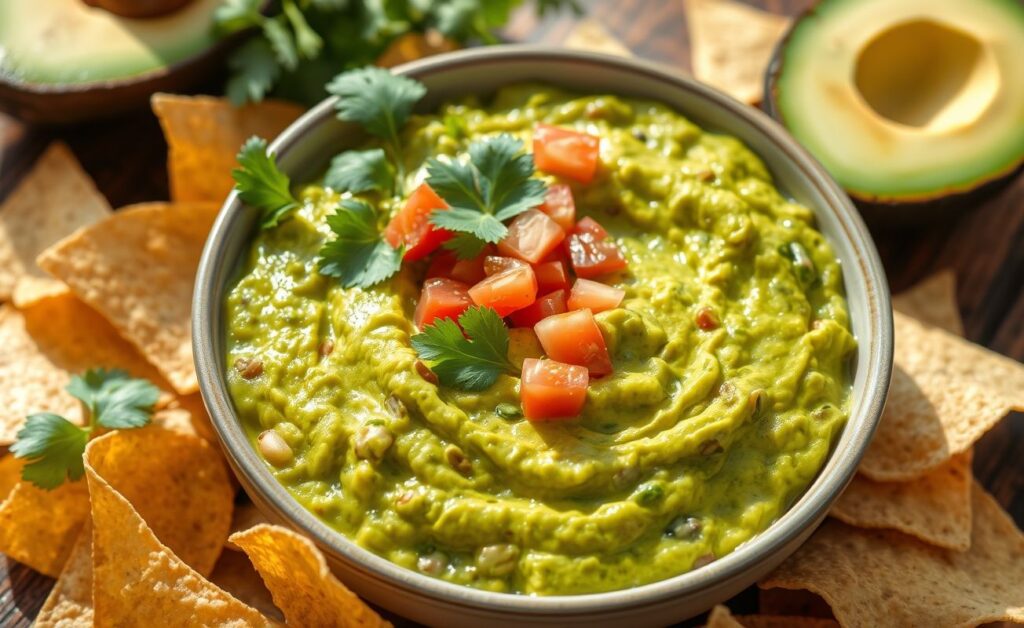 Tigela de guacamole fresco com textura cremosa e pedaços de abacate, decorado com coentro e tomate, acompanhado de tortilhas crocantes.