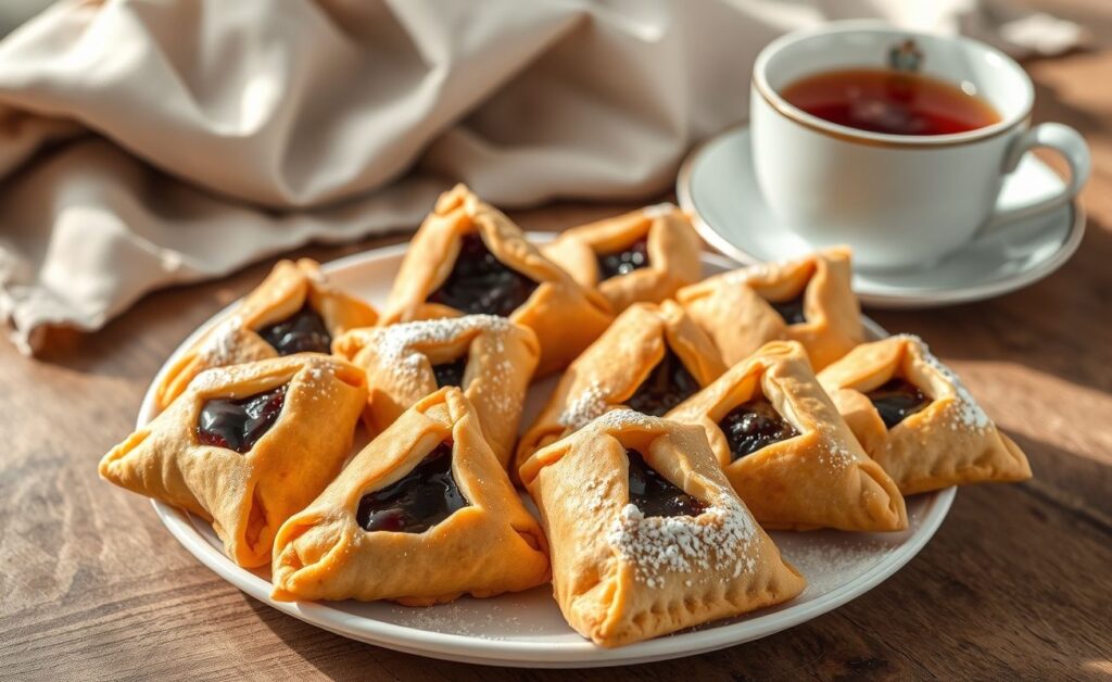 Hamantaschen (biscoito judaico) dourados em forma de triângulo com recheio visível, dispostos artisticamente em prato rústico