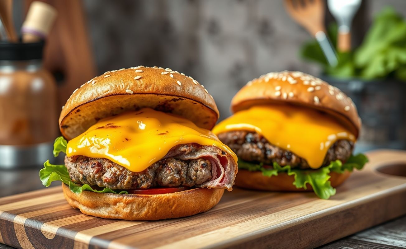 Hambúrguer caseiro artesanal com carne suculenta, queijo cheddar derretido e vegetais frescos em pão com gergelim