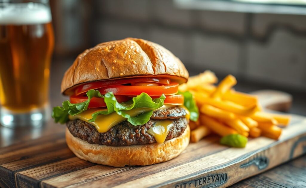 Hambúrguer caseiro grelhado com queijo derretido em pão brioche tostado, acompanhado de alface, tomate e cebola caramelizada