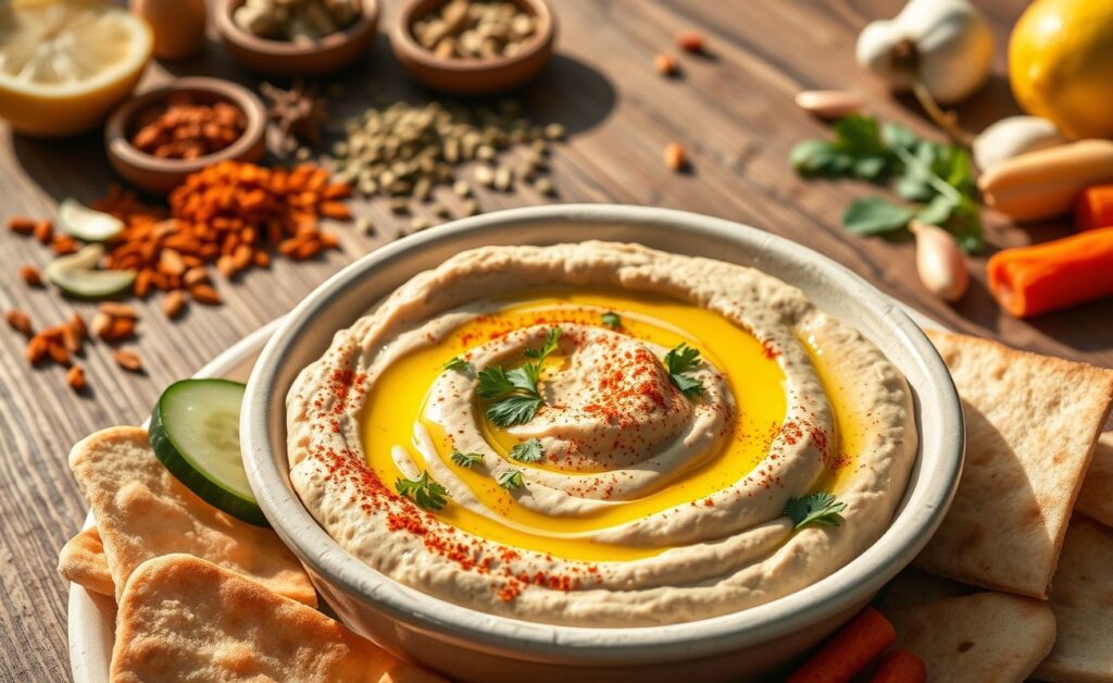 Homus cremoso servido em uma tigela branca, decorado com azeite e páprica, acompanhado de pão sírio e legumes frescos.