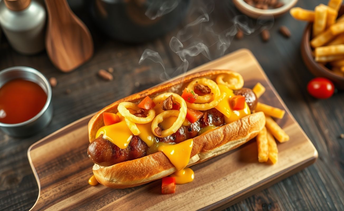 Hot Dog gourmet caseiro com salsicha grelhada, queijo derretido, vegetais frescos e molhos artesanais sobre pão dourado