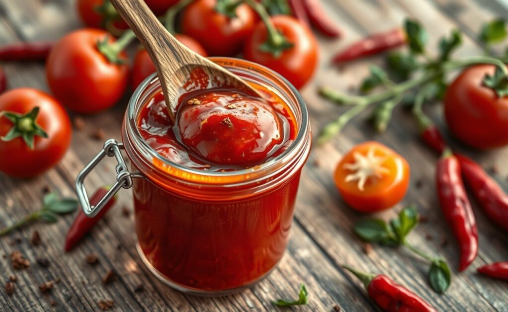 Ketchup picante caseiro vermelho brilhante em pote de vidro com colher de madeira, decorado com tomates e pimentas frescas