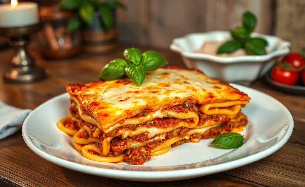 Lasanha à Bolonhesa recém-saída do forno com queijo derretido dourado e camadas visíveis de massa, molho bolonhesa e molho branco