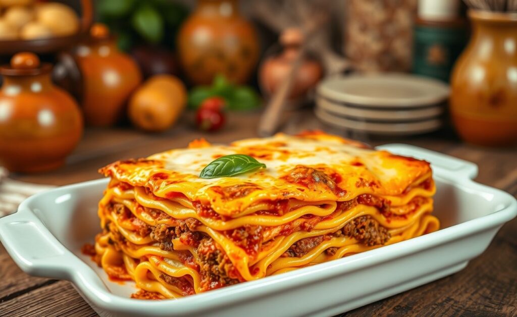 Lasanha de carne moída recém-saída do forno com queijo derretido e camadas visíveis de massa, molho e recheio em travessa branca.