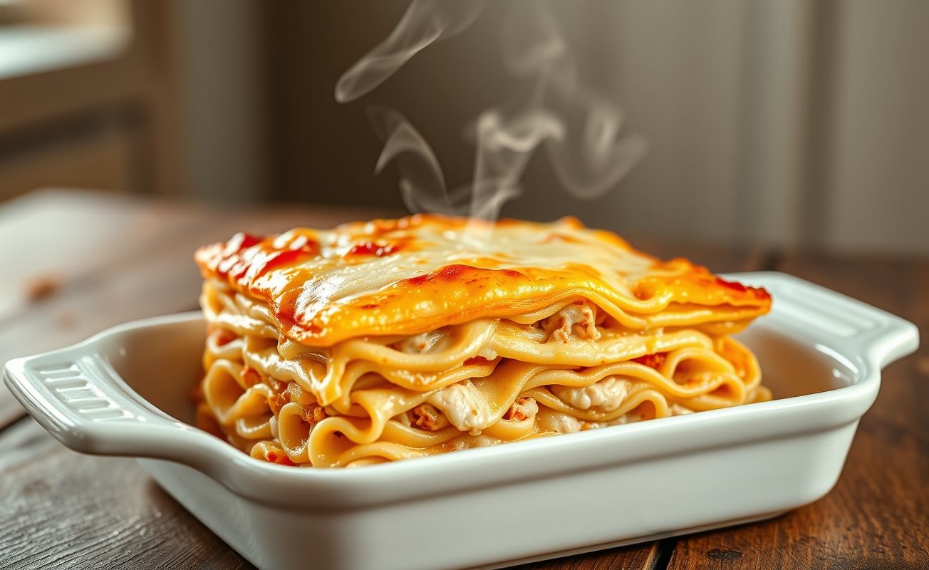 Lasanha de Frango recém-saída do forno com queijo derretido e camadas visíveis de massa e recheio cremoso