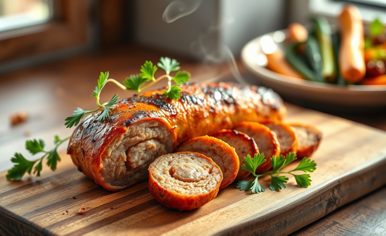 Linguiça Assada dourada e suculenta cortada em diagonal sobre tábua de madeira, acompanhada de salsa fresca
