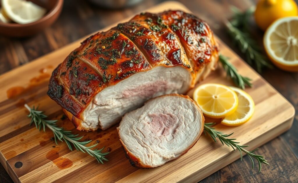 Lombo suíno assado dourado e fatiado sobre tábua de madeira, com ramos de alecrim e limão como decoração