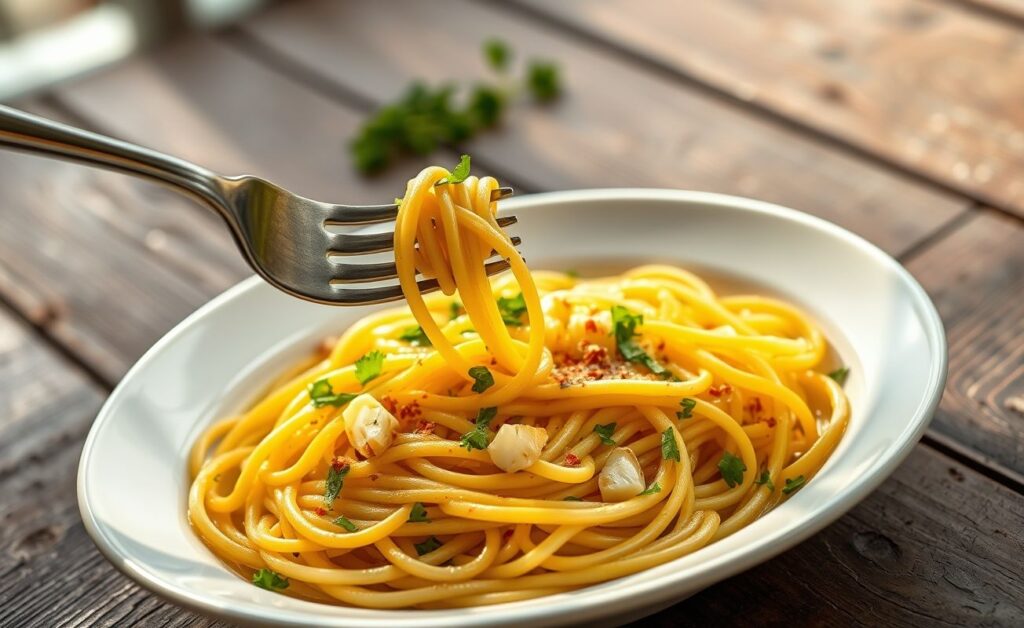 Macarrão alho e óleo servido em prato branco, com alho dourado visível entre as massas e folhas verdes de salsinha por cima