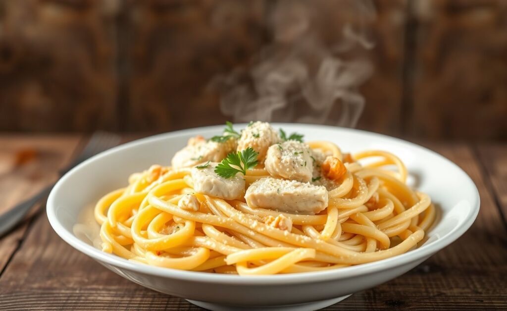 Prato de receitas de macarrão ao molho branco com frango cremoso, decorado com queijo parmesão e salsinha fresca