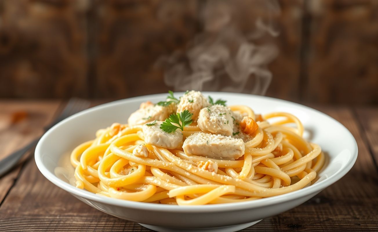 Prato de receitas de macarrão ao molho branco com frango cremoso, decorado com queijo parmesão e salsinha fresca