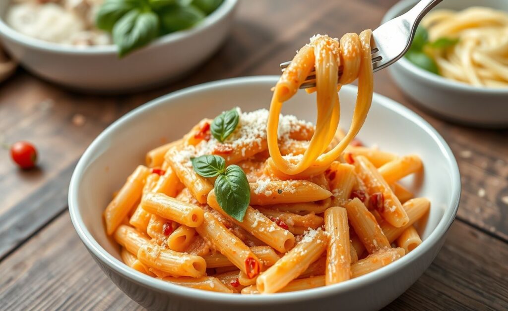 Macarrão Apimentado com Vodka (Gigi Hadid Pasta) cremoso em tigela branca, com molho rosado, flocos de pimenta, manjericão fresco e queijo parmesão ralado.