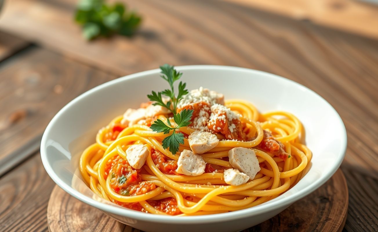 Macarrão com atum servido em tigela branca, molho cremoso de tomate com pedaços de atum visíveis, finalizado com salsa fresca e queijo parmesão ralado
