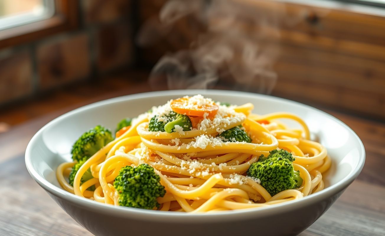 Macarrão com brócolis servido em tigela branca com queijo parmesão ralado, brócolis verde vibrante e alho dourado