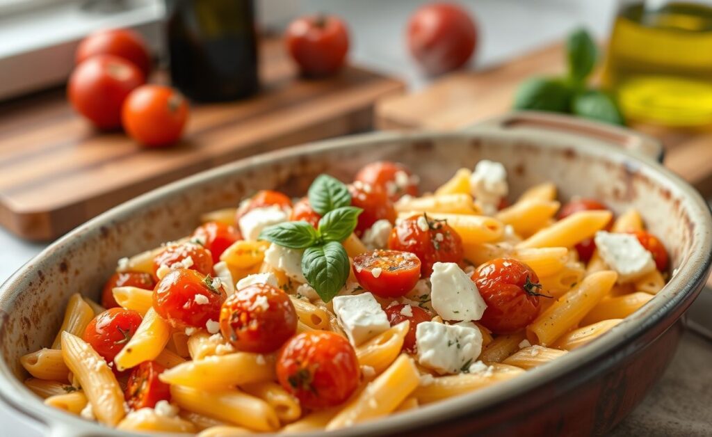 Macarrão com feta assado (viral no TikTok) cremoso com tomates cereja e queijo derretido, decorado com folhas de manjericão fresco em uma assadeira branca