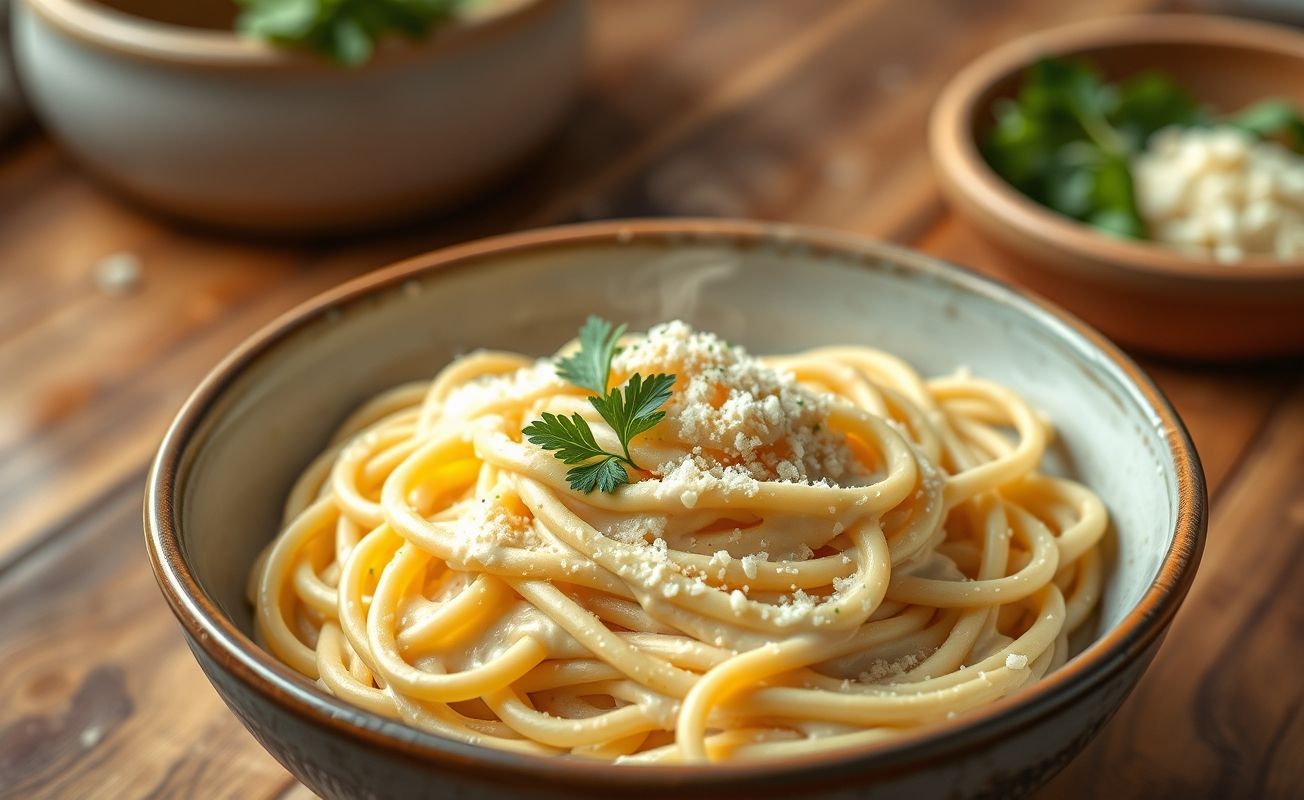 Macarrão com molho branco cremoso servido em tigela cerâmica, decorado com salsa fresca e queijo parmesão ralado