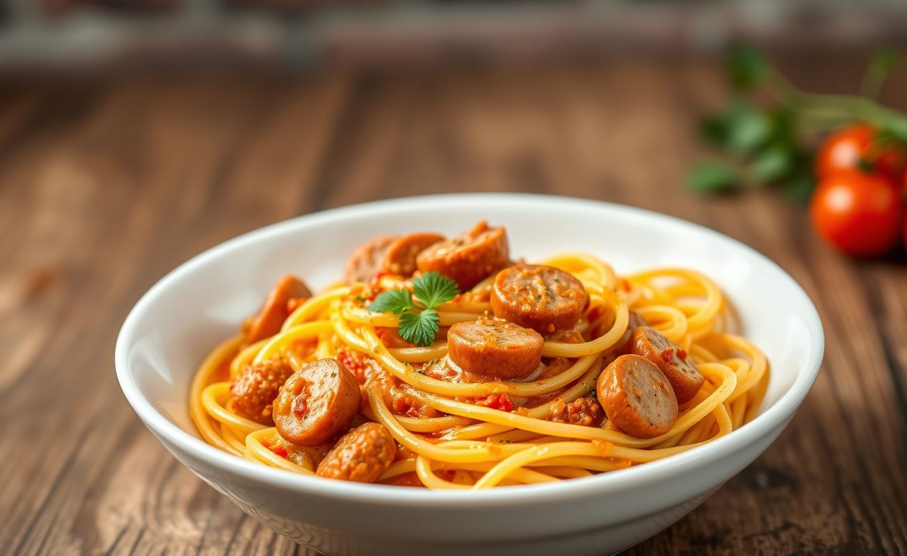 Macarrão com Salsicha cremoso em tigela branca, com molho vermelho, pedaços de salsicha e salsa fresca como guarnição