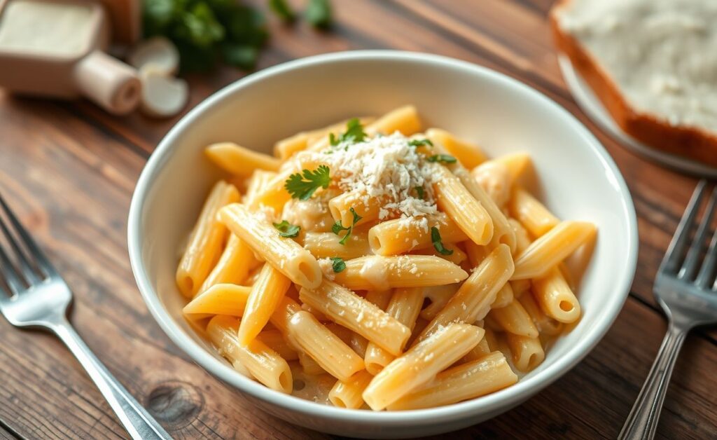 Macarrão Cremoso De Uma Panela servido em tigela branca, com molho cremoso de queijo e penne perfeitamente cozido, finalizado com parmesão ralado e salsinha fresca.