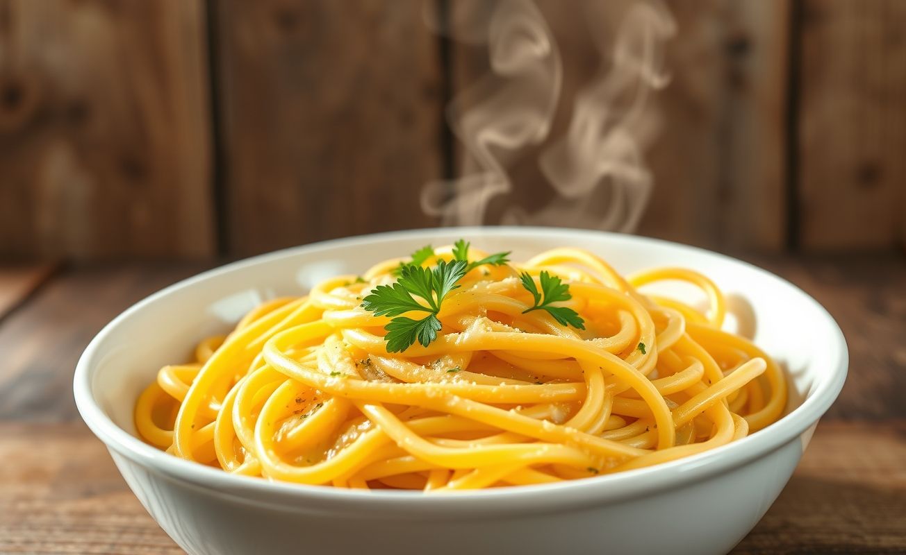 Receita de macarrão de panela de pressão cremoso servido em tigela branca com queijo derretido e salsa fresca