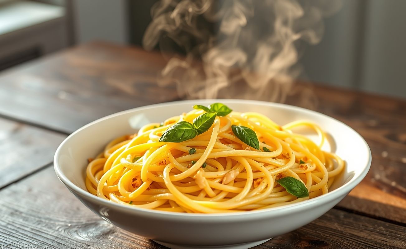 Macarronada cremosa servida em tigela branca com queijo derretido e manjericão fresco, prato principal italiano