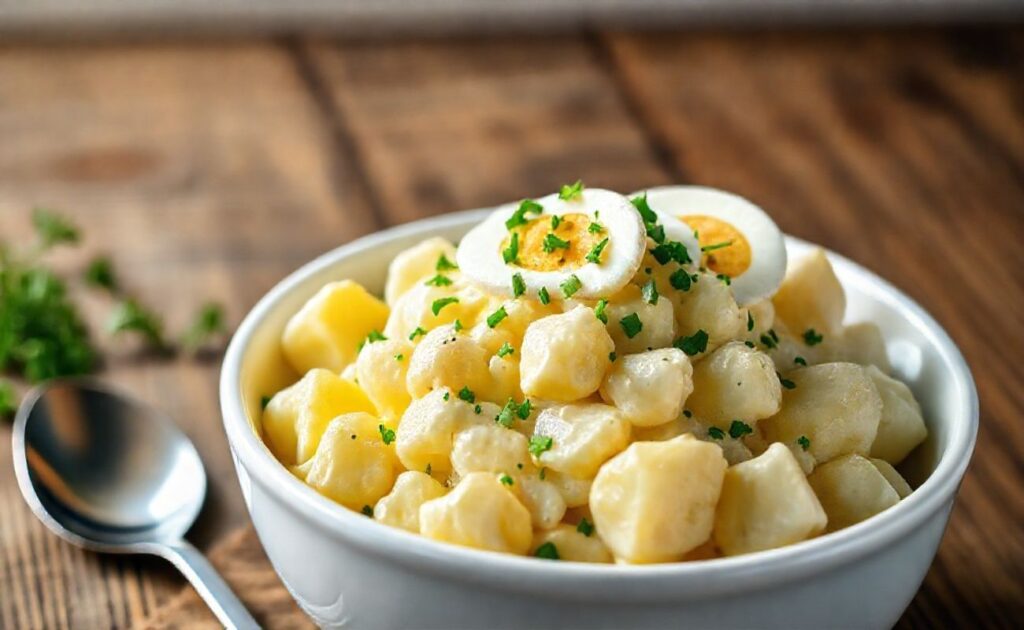 Maionese de Batata cremosa em bowl branco decorada com ovos cozidos e ervas frescas, textura aveludada e apetitosa
