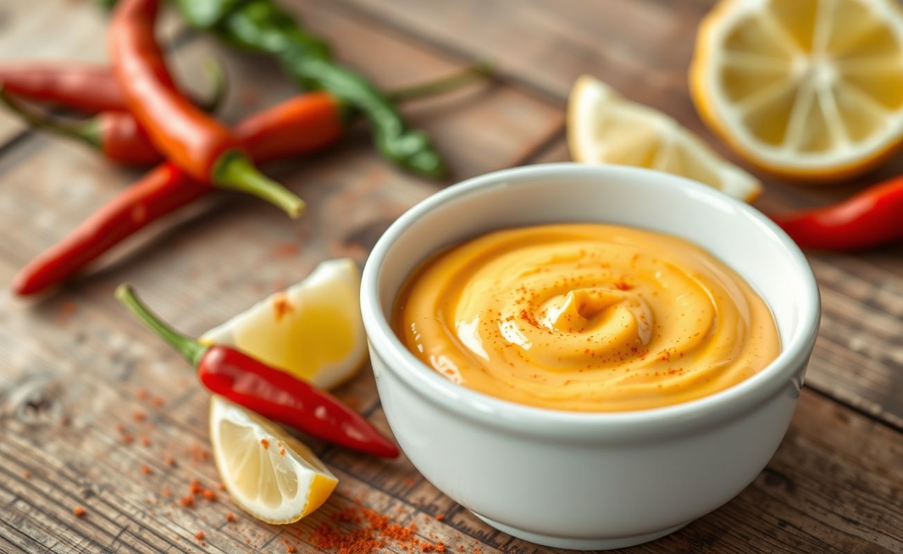 Maionese picante cremosa em tigela branca com textura lisa e cor alaranjada vibrante, decorada com pimentas frescas