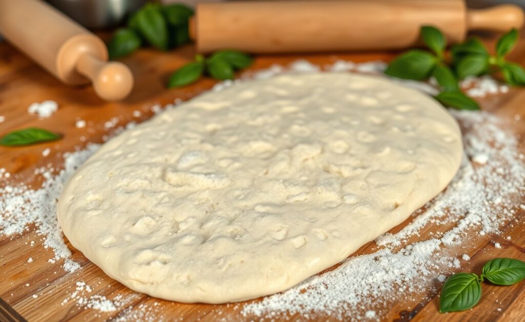 Massa de pizza artesanal estendida sobre superfície de madeira, com farinha branca e bolhas de fermentação visíveis