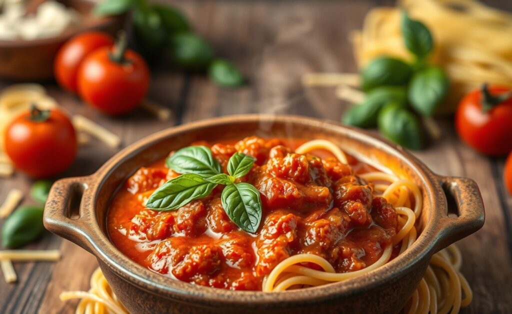 Molho para macarrão caseiro vermelho intenso em tigela rústica com pedaços de tomate e folhas de manjericão fresco