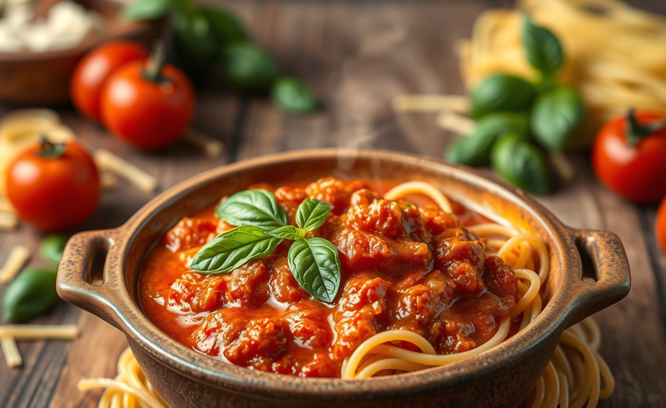 Molho para macarrão caseiro vermelho intenso em tigela rústica com pedaços de tomate e folhas de manjericão fresco
