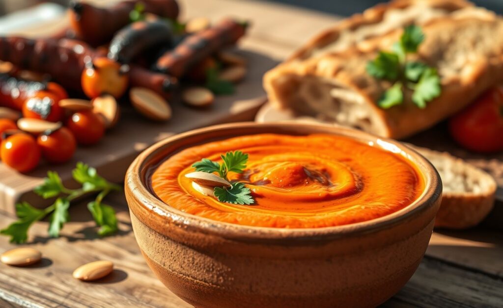 Molho Romesco cremoso em tigela de barro, cor vermelho-alaranjado intenso, decorado com amêndoas tostadas e azeite, acompanhado de pão e legumes grelhados