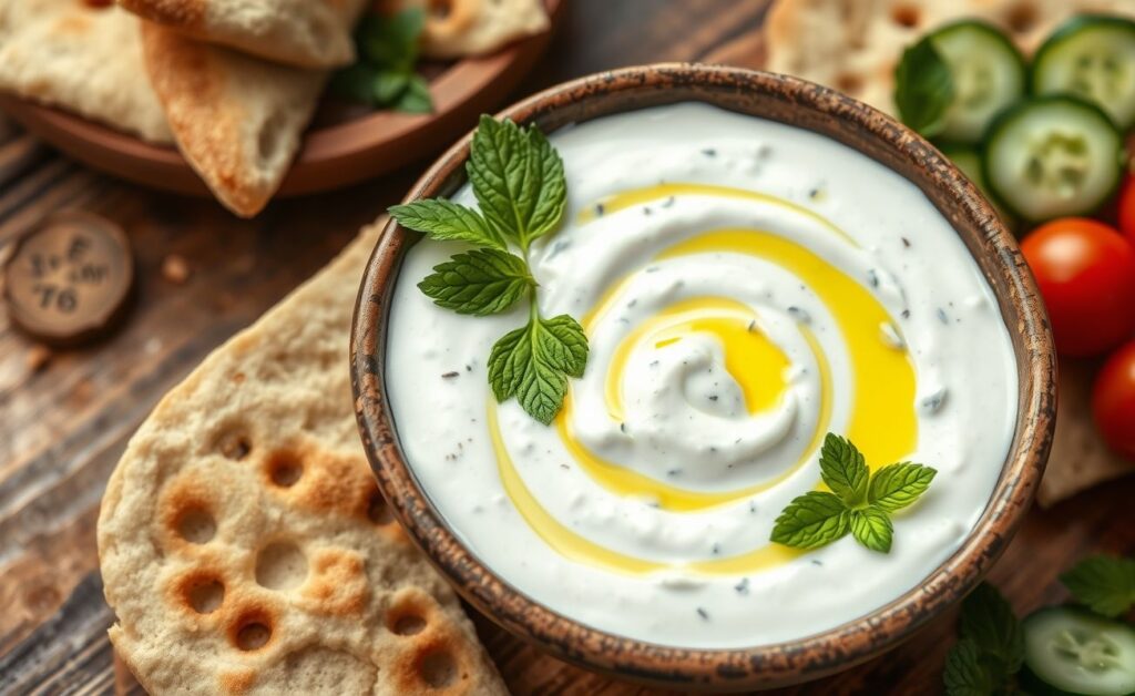 Molho Tzatziki cremoso em uma tigela branca, decorado com folhas de hortelã e azeite, acompanhado de pão pita e vegetais frescos.