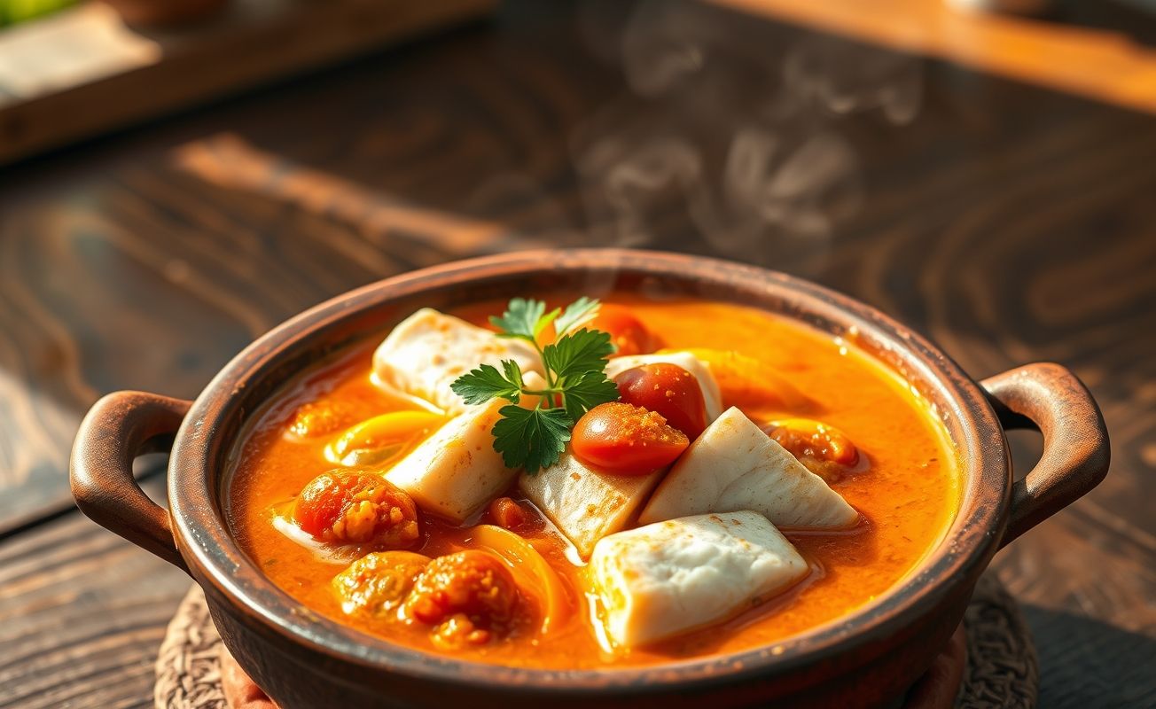 Moqueca Baiana tradicional servida em panela de barro com peixe, molho cremoso laranja-avermelhado e coentro fresco