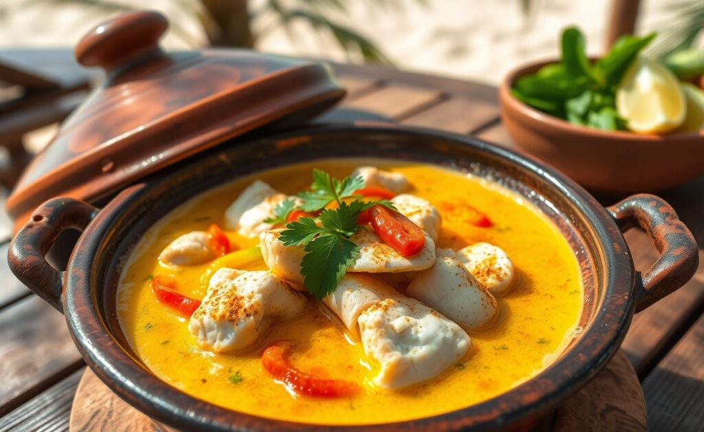 Moqueca Baiana servida em panela de barro com peixe branco em molho dourado de leite de coco e dendê, decorada com pimentões coloridos e coentro fresco
